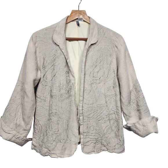 Women's Beige Embroidered Anu 100% Linen Open Front Blazer Sz Small - Picture 1 of 7